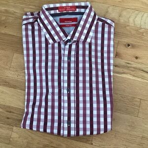 Saks Red. Trim Fit Burgundy and White Check Dress Shirt.